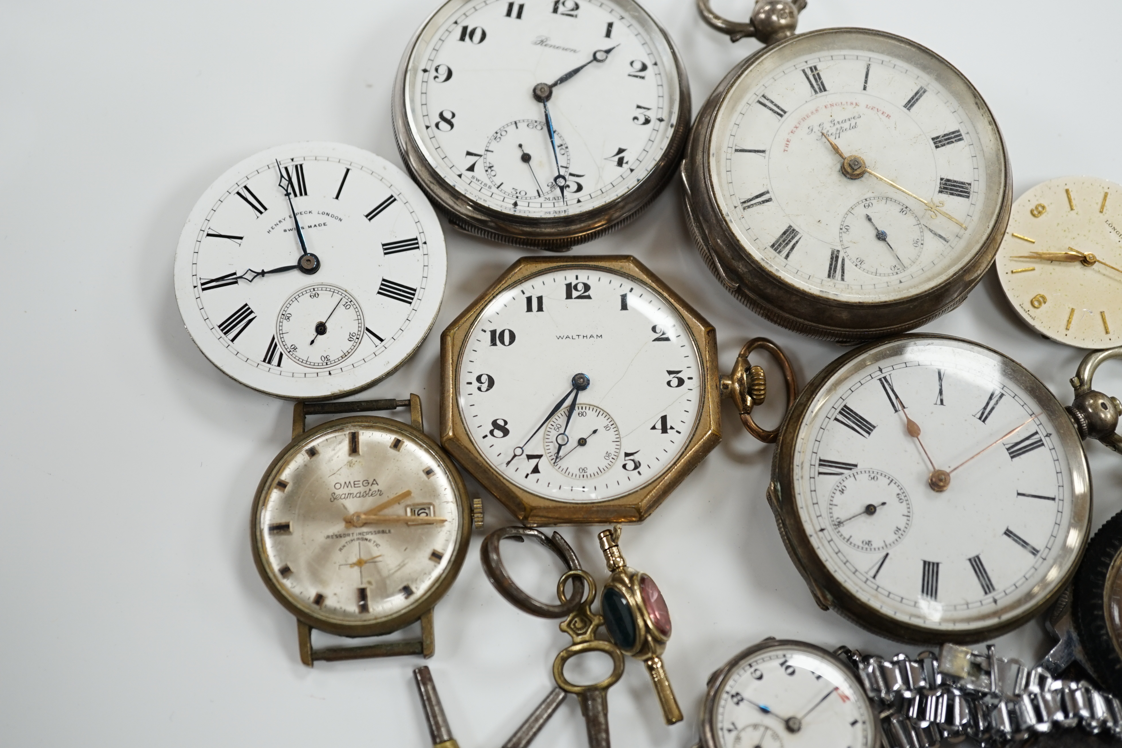 A small group of assorted pocket watches including silver and wrist watches including movements.